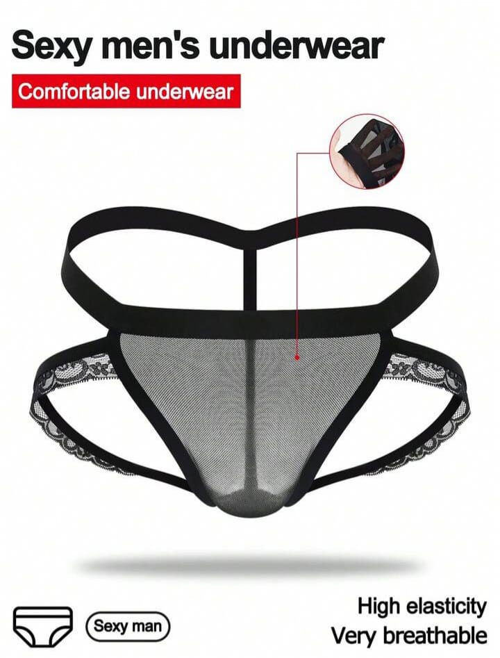Black Lace Trim Mesh Breathable Mid-Waist Thongs Briefs Alluring For Men